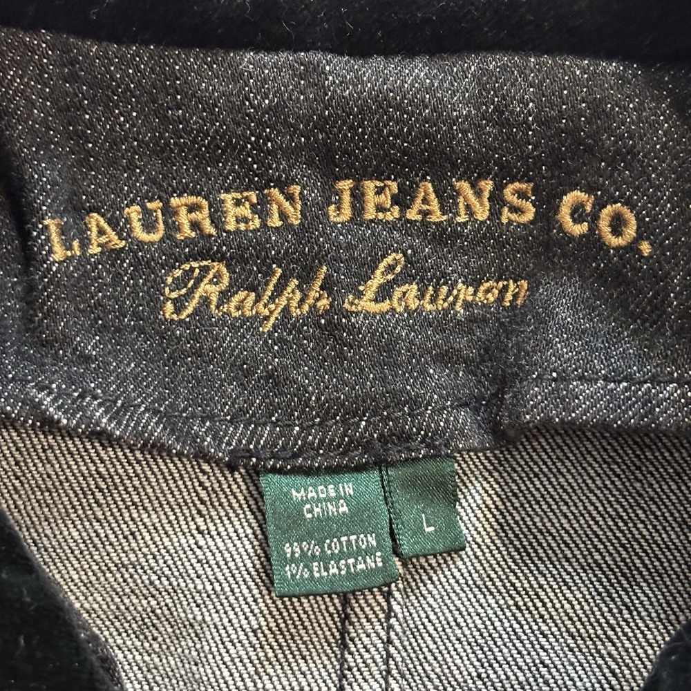 Lauren Jeans Co Ralph Lauren Women's Large Black Denim Jacket Velvet Trim - Picture 9 of 10